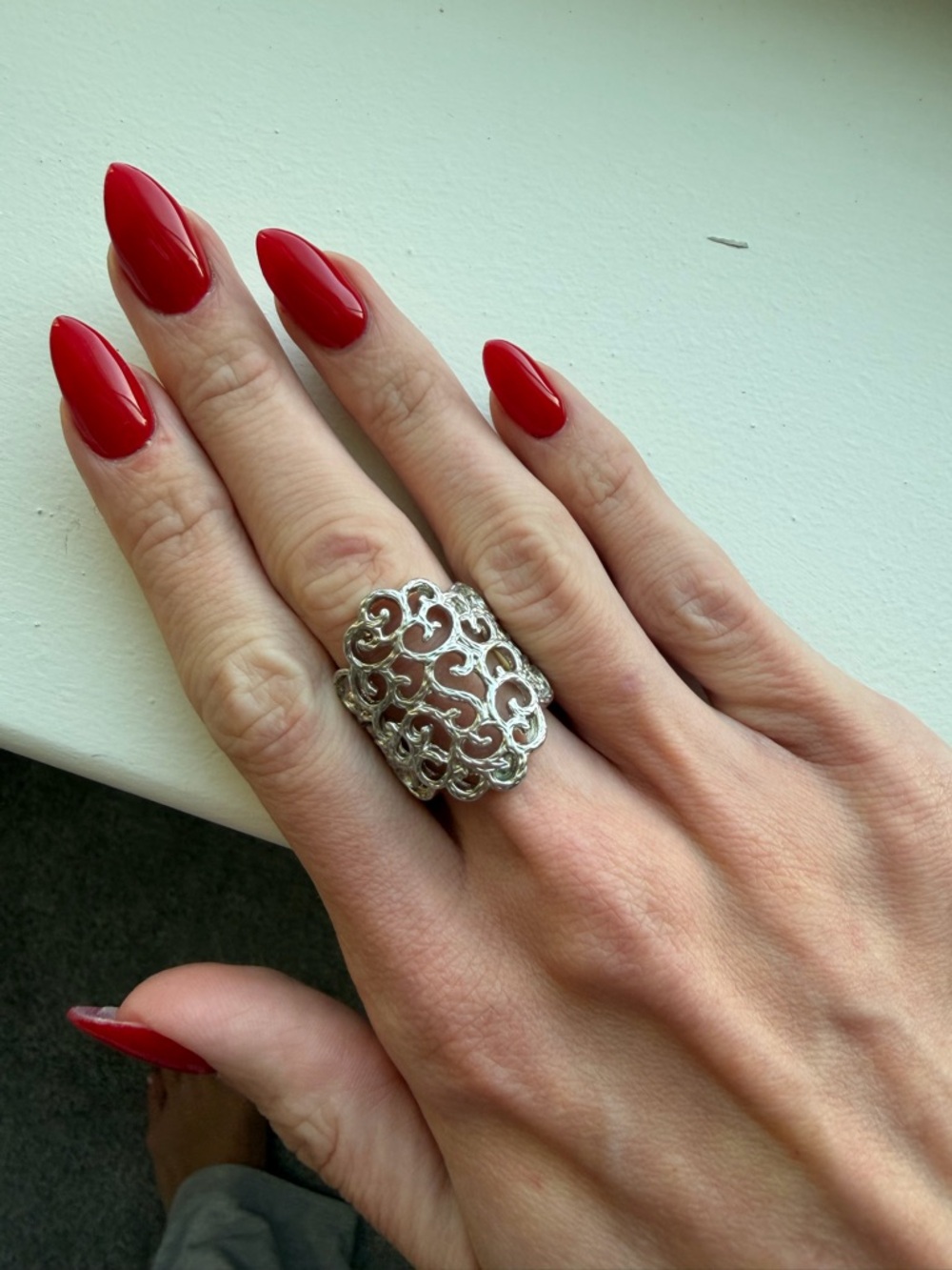 Silver Filigree Statement Ring Adjustable Wide Band Boho Vintage Style